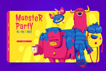 Fototapeta premium Monster party landing page template. Funny contemporary illustration of zombie, alien, supernatural characters standing, flying on yellow background. Halloween celebration promo website. Vector design