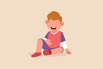 Happy little boy laugh so hard and holding belly. Cheer up pose concept. Flat vector illustrations isolated. 