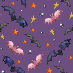 Fototapeta na wymiar Watercolor halloween seamless pattern with bats and stars