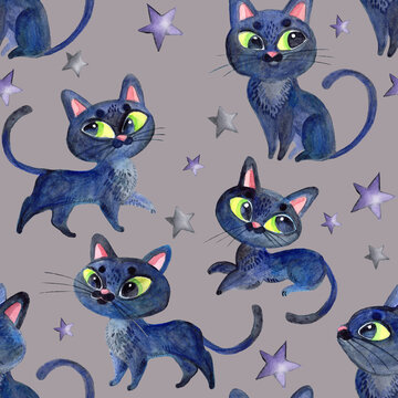 Watercolor halloween seamless pattern with black cats and stars