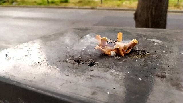 Smoking ashtray with cigarette stubs shows burning ashtray with lung cancer health damage by chain smoker as bad habit with tobacco and toxic nicotine addiction as unhealthy lifestyle and health risks