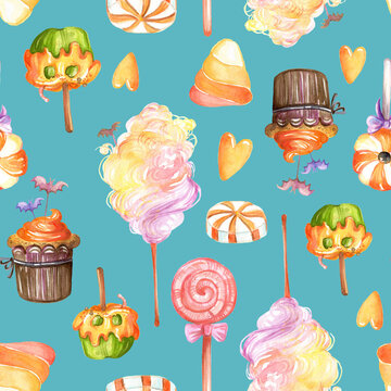 Watercolor seamless pattern with different halloween candies