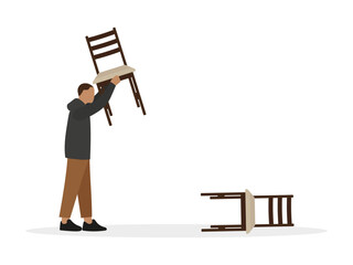 Male character throwing chairs on white background