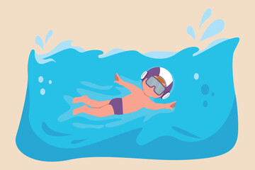 Obraz na płótnie Canvas Happy little boy swimming in a pool. Water polo concept. Vector illustration.