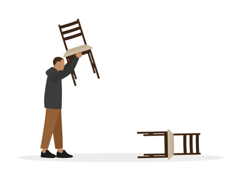 Male Character Throwing Chairs On White Background