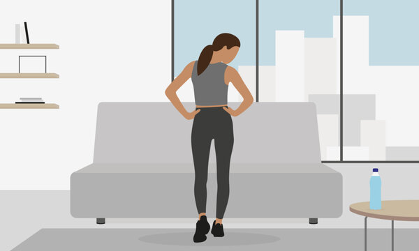 Female character in sportswear exercising in the room with furniture and a panoramic window