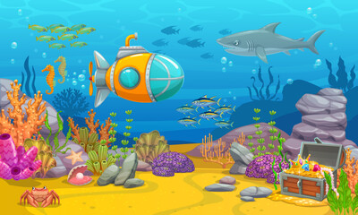 Fototapeta na wymiar Underwater game landscape with submarine. Cartoon vector sea bottom with treasure chest, aquatic plants, coral reef, rocks and underwater animals. Ocean world with bathyscaphe, fish, shark and crab
