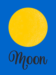 Yellow big moon with a dotted texture on a blue background. Vertical banner. Vector.