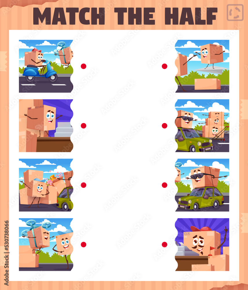 Poster Match the half game worksheet. Cartoon package box characters. Part search kids game or children vector riddle, matching puzzle worksheet with delivery and shipment service parcel box personages