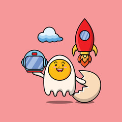 Cute mascot cartoon character Fried eggs as astronaut with rocket, helm, and cloud in cute style 