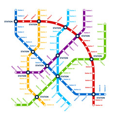 Metro, underground transport scheme map, urban subway system. Vector plan with colorful lines and city railway stations. Railroad route layout of public passenger transport train tracks information