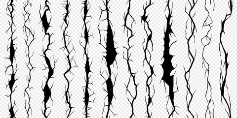 Seamless broken wall crack, cleft and crackles on transparent background. Vector texture of damaged concrete wall surface with realistic cracks, splits and fracture lines, fissures, holes and clefts