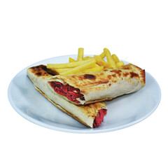 Sausage and cheddar burrito served on a white plate with French fries