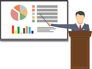 TV screen with financial report and lecturer