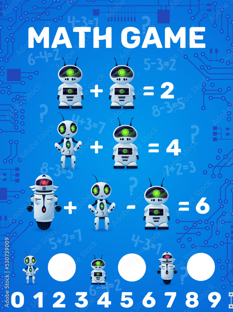 Poster math game worksheet. cartoon robots and droids with motherboard lines. kids education vector puzzle 