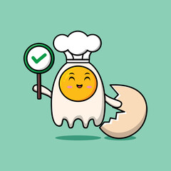 Cute cartoon fried eggs chef character holding correct sign board in vector character illustration