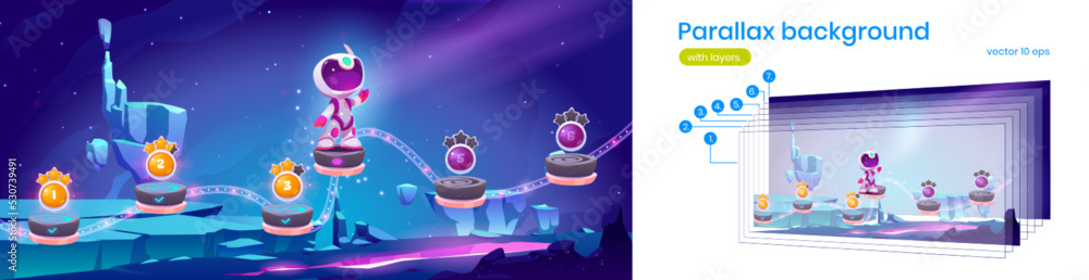Poster parallax background of game level map with little astronaut and platforms with numbers of stages. fu