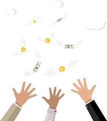 Coin and dollar bill flying over hand