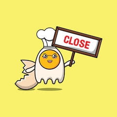 Cute cartoon fried eggs chef character holding close sign board designs in flat cartoon style