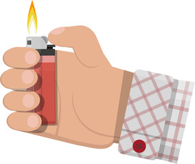 Red pocket lighter with fire in hand - obrazy, fototapety, plakaty