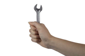 a wrench in a man's hand on a transparent background