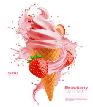 Isolated soft strawberry ice cream cone with swirl splash on white background. Realistic vector icecream in wafer cup with ripe berries and sauce twist. Sweet ice cream confectionery dessert