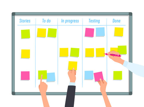 Scrum Task Board With Hands. Business Person Arms Holding A Sticky Notes And Markers, Planning Tasks And Deals. Agile Assignment, Teamwork, Software Development, Employees Project Management