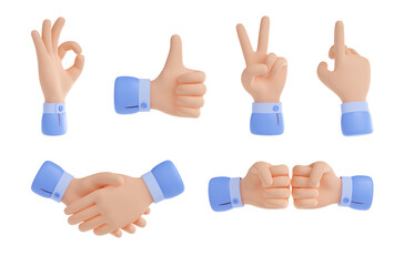 Hand gestures, thumb up, handshake and fists bump. Human arm show symbols of ok, like, victory, agreement and touch isolated on white background, 3d render illustration