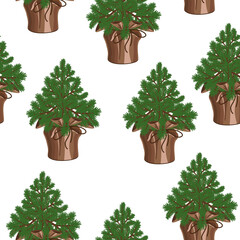 Seamless pattern a small,cute Christmas tree packed in a pot,isolated on a white background.Vector pattern can be used in Christmas designs, Christmas markets, postcards.