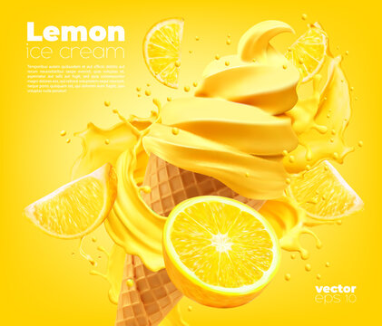 Citrus lemon soft ice cream cone with splash of yellow syrup and juicy lemon slices, vector summer milk dessert. Realistic 3d citrus fruit icecream or gelato swirl in waffle cone with sauce topping