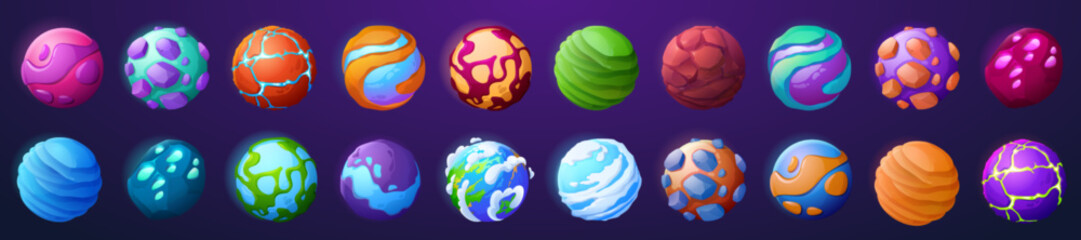 Fantasy planets and asteroids icons for space game. Fantastic colorful galaxy objects, liquid and stone spheres with crystals, cracks, snow and Earth globe, vector cartoon set