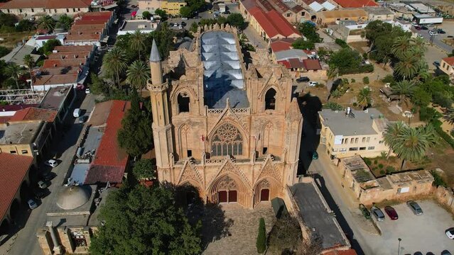 Aerial of Lala Mustafa Pasha Mosque in Famagusta Cyprus