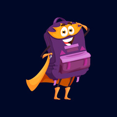 Cartoon school bag superhero character. Funny vector backpack with cute smiling face wear orange cloak and mask. Student supply, rucksack, knapsack accessory superhero personage ready for feat