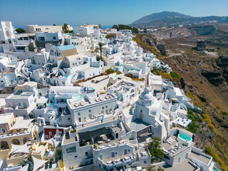 Santorini Aerial View. Picturesque Fira City. Traditional Architecture. White Houses. Greece, Europe.