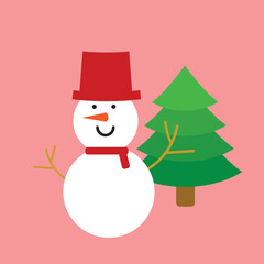 snowman Put on a red hat and scarf. with Christmas tree