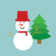 snowman Put on a red hat and scarf. with Christmas tree