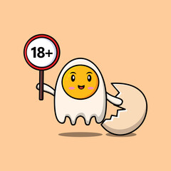 cute cartoon fried eggs holding 18 plus sign board in vector character illustration