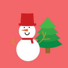 snowman Put on a red hat and scarf. with Christmas tree