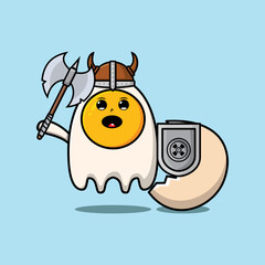 Cute cartoon character Fried eggs viking pirate with hat and holding ax and shield 