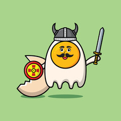 Cute cartoon character Fried eggs viking pirate with hat and holding sword and shield illustration
