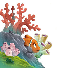 Illustration scared clownfish behind coral - obrazy, fototapety, plakaty