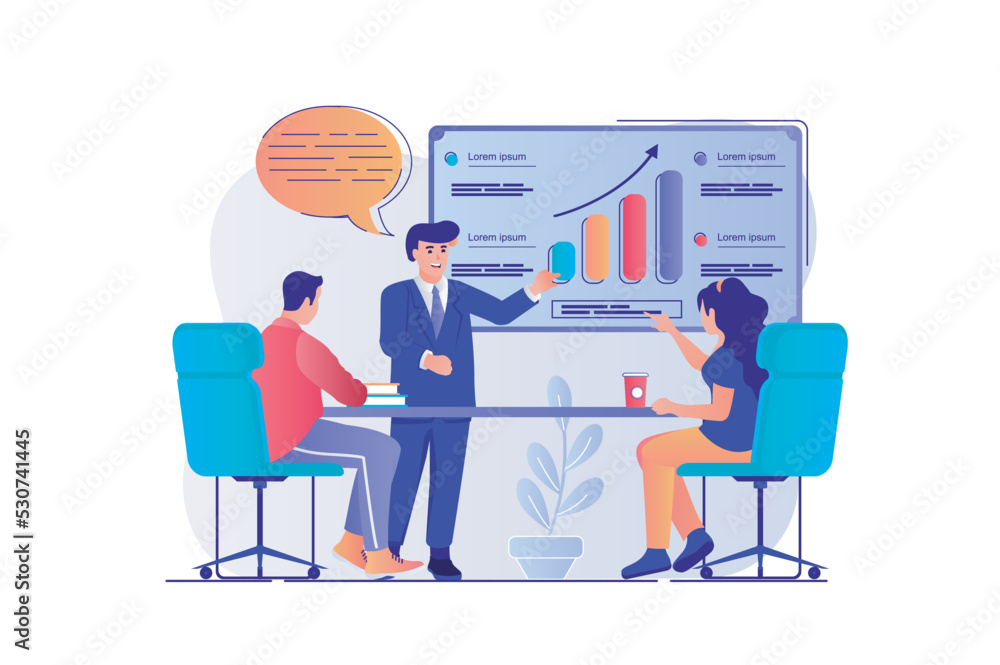 Fototapete business meeting concept with people scene. man and woman discussing presentation, doing work tasks 