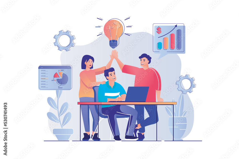 Fototapete teamwork concept with people scene. man and woman brainstorming colleagues discuss work tasks, gener