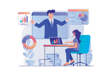 Business webinar concept with people scene. Woman watching online training video with business coach, analyzing data and improves skills. Vector illustration with characters in flat design for web