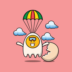 Cute mascot cartoon Fried eggs is skydiving with parachute and happy gesture illustration