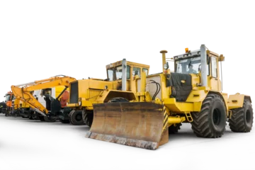 Fotobehang Vrachtwagen Two heavy wheeled tractor one excavator and other construction machinery isolated on transparent background  © Dushlik
