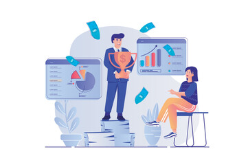 Business award concept with people scene. Man celebrating victory with trophy cup, woman congratulates colleague, teamwork and achieve goals. Vector illustration with characters in flat design for web