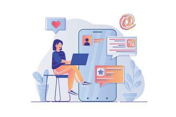 Social media marketing concept with people scene. Woman making promo posts and promo mailing using mobile application, online promotion. Vector illustration with characters in flat design for web