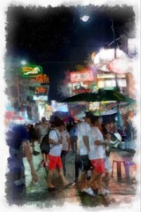Landscape of Khao San Road and street food stalls in Bangkok watercolor style illustration impressionist painting.