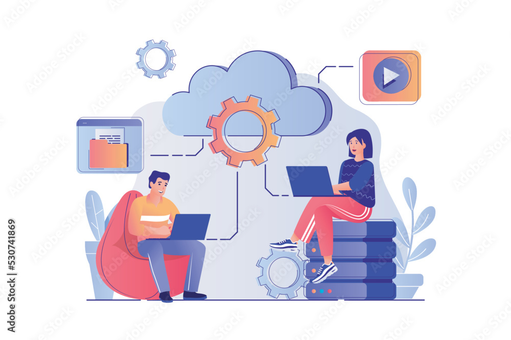 Poster cloud computing concept with people scene. man and woman processing information at laptops using clo